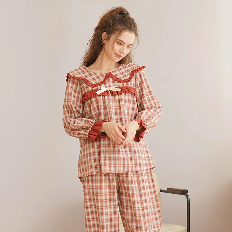 

XIFER Mori Girl Pajamas Set Ruffle Peter Pan Collar Medieval Women Top Trousers Renaissance Plaid Flare Sleeve Cotton Sleepwears