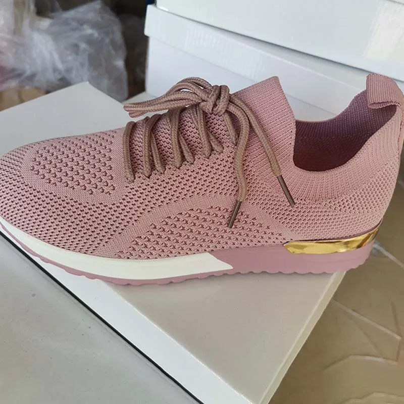 

2021 Woman's Vulcanized Lace Up Mesh Women Flat Metal Decoration Soft Thick Bottom Ladies Sneakers Fashion Outside Breathable