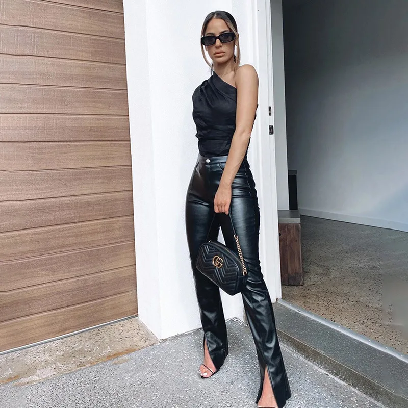 

Leatherwear Tight Long Trousers Women Winter 2020 New Fashion Skinny Bodycon PU Side Split Hight Waist Women's Pants