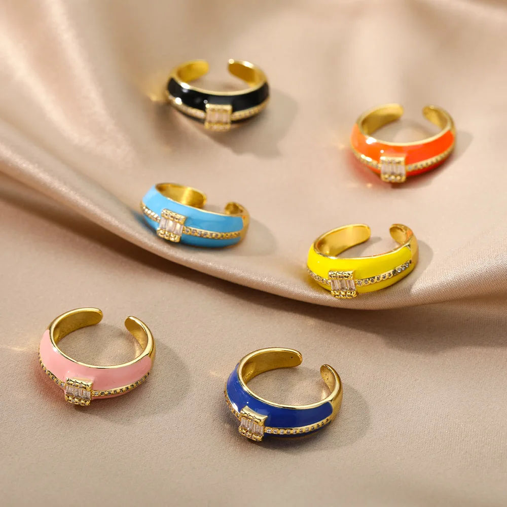 

Zircon Enamel Dripping Oil Opening Rings For Women Rainbow Colorful Engagement Adjustable Finger Ring Couple Jewelry Gift