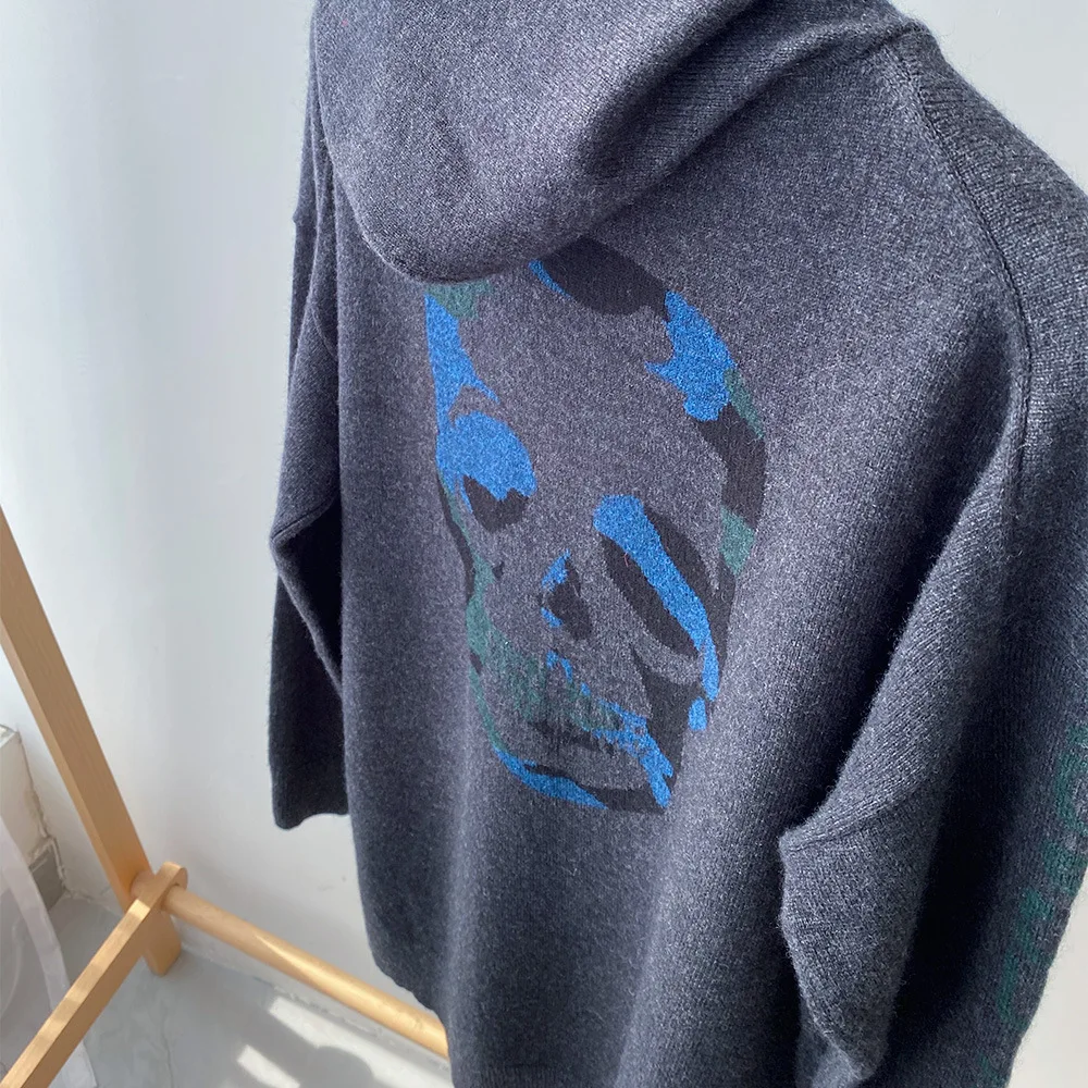 

100% Cashmere Hooded Sweater Women Long Sleeve Skull Letter Jacquard Casual Jumper