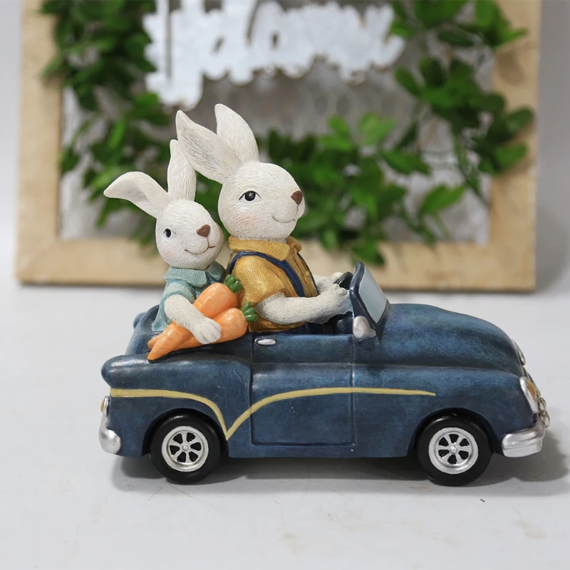 

Easter Decoration Car Bunny Rabbit Statue Ornaments Vintage Rustic Micro Landscape Figurine Resin Crafts
