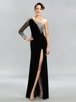 black beading prom dresses 2021 one shoulder velvet split front long formal gown mermaid celebrity robe de soiree evening wear