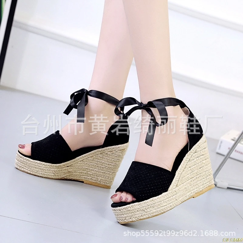 

Женская обувь; Новинка; Босоножки на платформе; Большие Размеры наклон светильник низ из пеньковых веревок, дышащие сандалии с открытыми па...