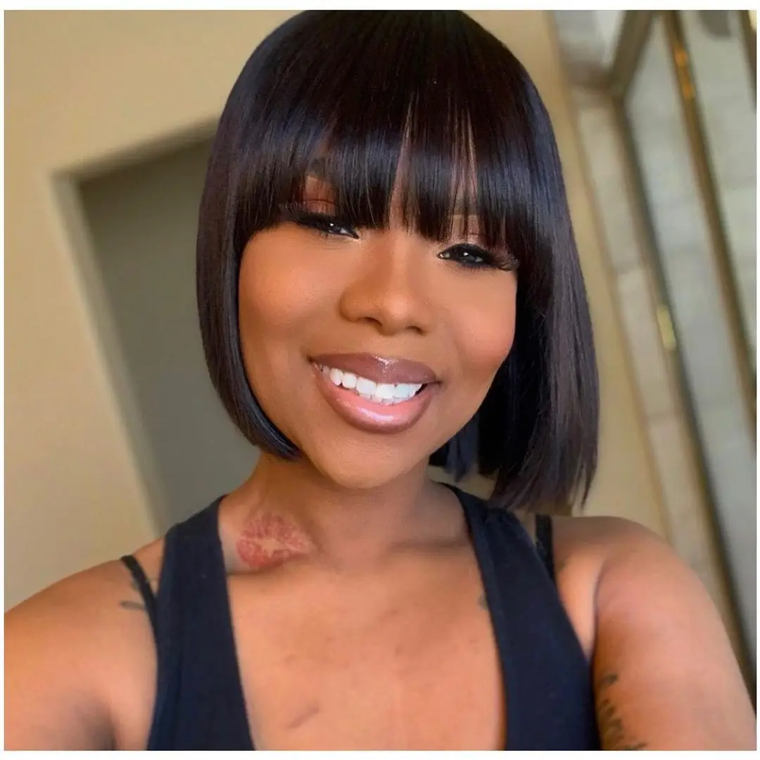 Short Bob Human Hair Wig With Bangs Fringe Cheap Full Machine Made Glueless For Black Women Straight Virgin Brazilian Pixie Cut | Шиньоны и