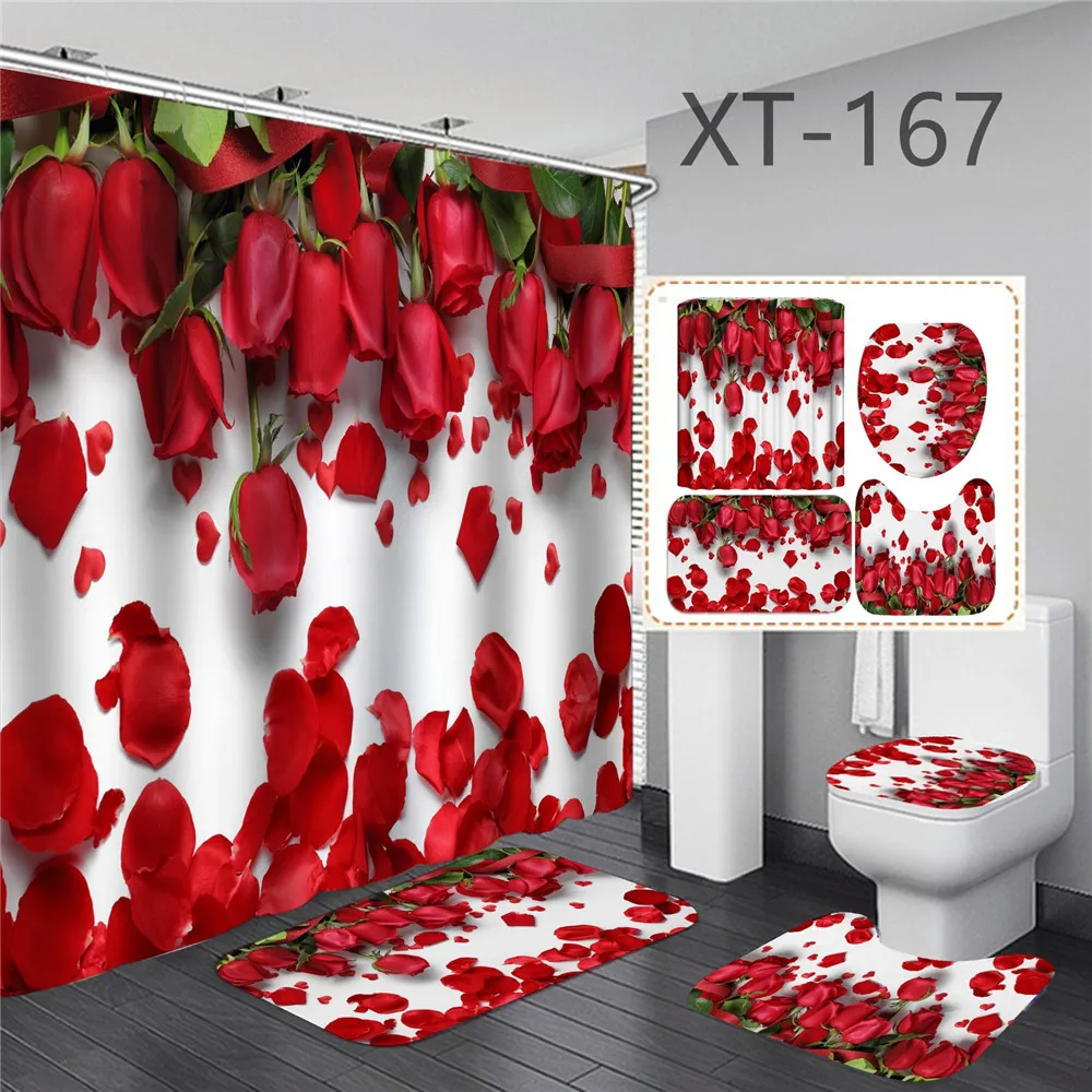 3d Digital Printing Red Rose Flower Shower Curtain Waterproof Polyester Landscape Curtains Bathroom Shower Curtain And Rug Sets