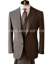 Traje de corte entallado para hombre, Conjunto Clásico a rayas marrón/traje de boda, ropa de novio/Blazer + chaleco + Pantalones, chaqueta de moda, 3 piezas (2)