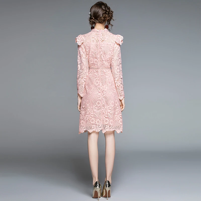 

Crochet Lace Dress Women Elegant Retro Ruffle Long Sleeve Spring Elegant Pink Dress Robe Dentelle