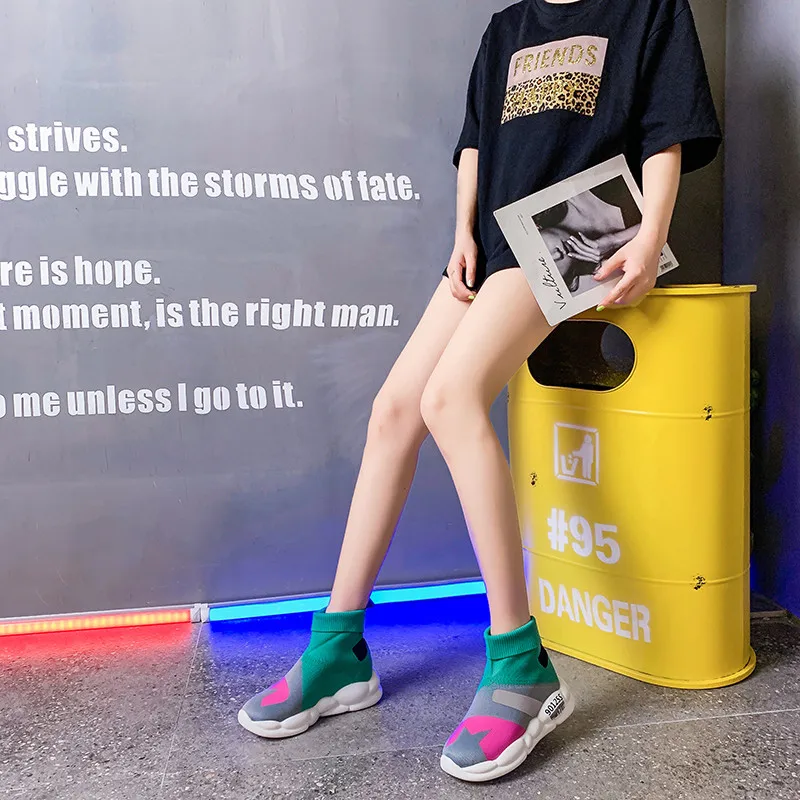 Spring Boots Shoes Woman Flats Sock Elastic Lightweight Shoes Casual Female Colorful Knit Sock Summer Mix Color Shoes