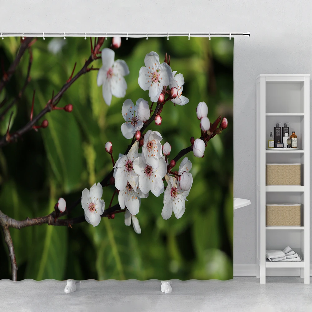 

Spring Pear Blossom Bloom Print Shower Curtain Set Hooks Landscape Green Leaf Nature Scenery Bathroom Curtain Polyester Fabric