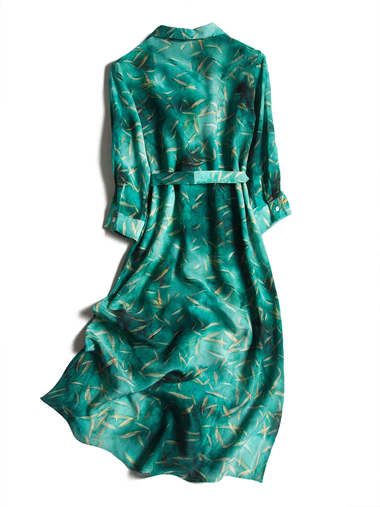 

New Green Willow Mulberry Silk V-neck Belt Long Silk Dress In Autumn and Winter 2020