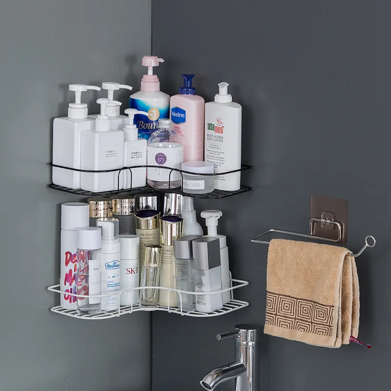 

Kitchen Bathroom Accessories Punch Free Corner Bathroom Shelf Bathroom Fixtures Wrought Iron Storage Rack Shower Tripod Shelves