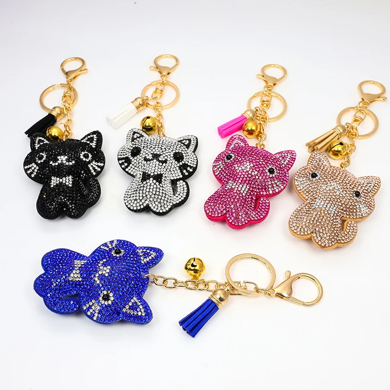 

Cute animal key chain Cartoon rhinestones Cat 8CM multi-color pompon pendant Ladies bag Accessories Children gift keychain