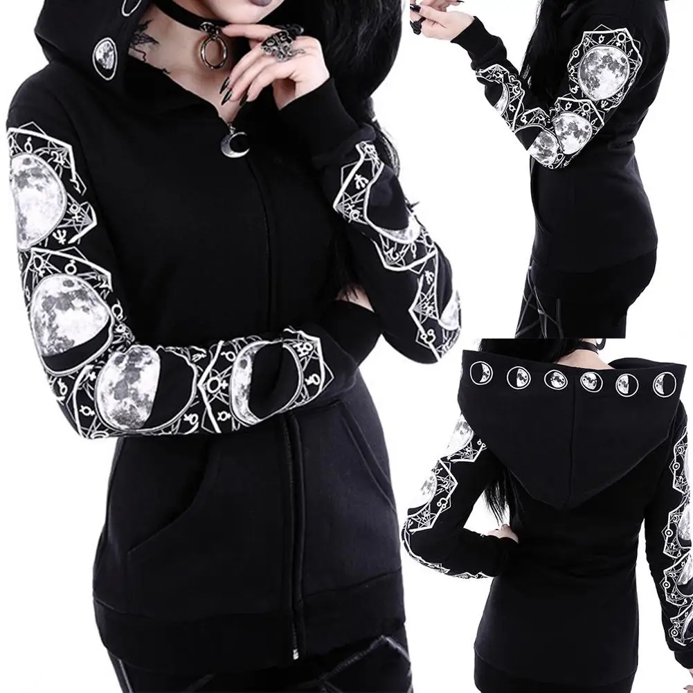 1 шт. модная Женская толстовка с капюшоном принтом Луны пальто на молнии длинным