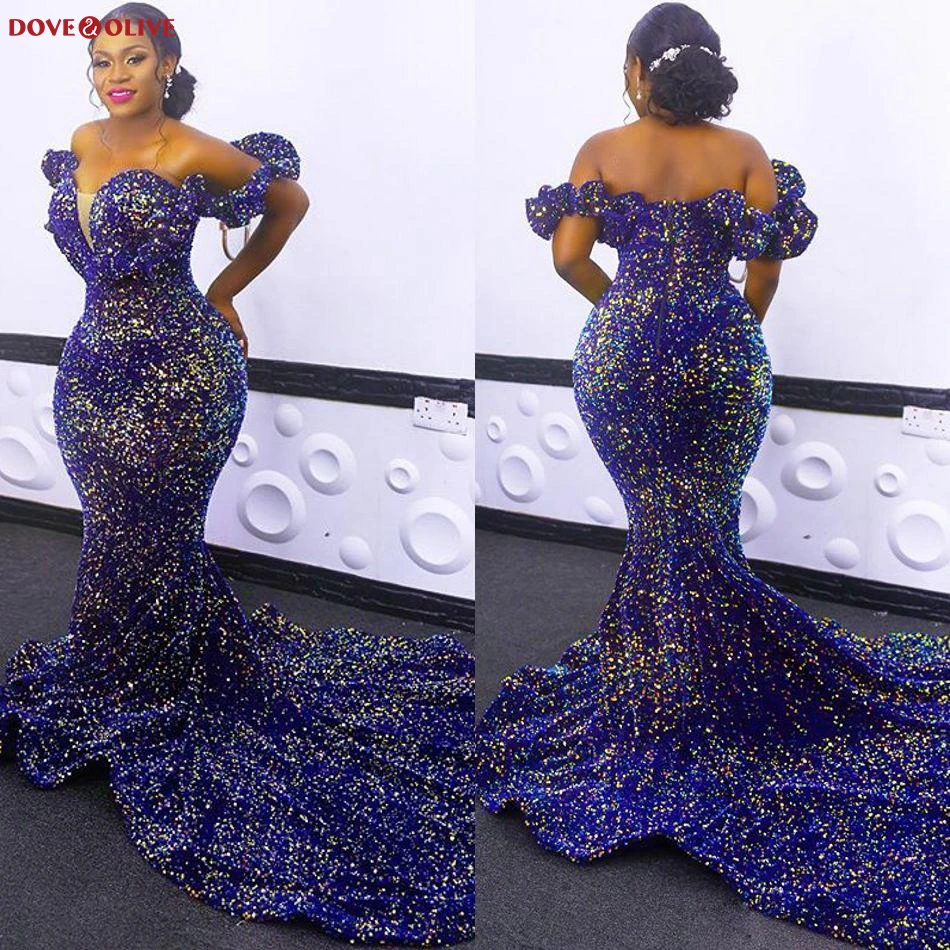 Blue Sequined Evening Dresses 2021 Long Mermaid Off Shoulder Sweetheart Court Train Sheer Neck Sexy African Prom Gowns Formal