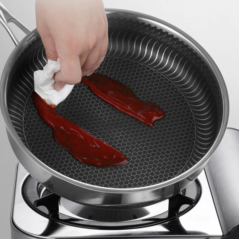 

28CM 304 Stainless Steel Honeycomb Frying Pan Nonstick Pan With Lid Fried Steak Pot Electromagnetic Furnace General Cookware