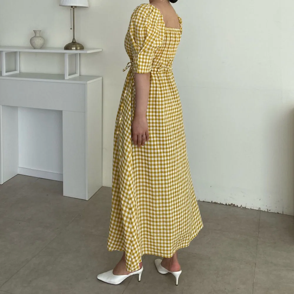 

2021 Fashion Summer Women's Dress Japanese Style Casual Loose Simple Temperament Draw Back Square Collar Puff Sleeve