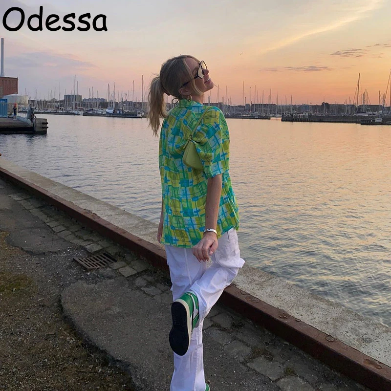 

Odessa Summer Green Plaid Short Sleeve Blouse Beach Y2K 2021 Women Turn Down Collar Loose Casual Button Up Shirt Top Blusas