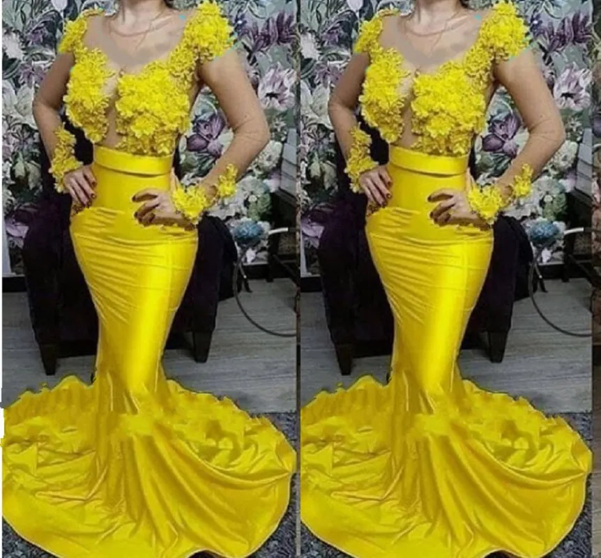 

Vintage 3D-Fowers Yellow Mermaid Prom Dresses Court Train Robe De Soiree 2022 Longue Formal Evening Wear Vestidos De Festa Longo