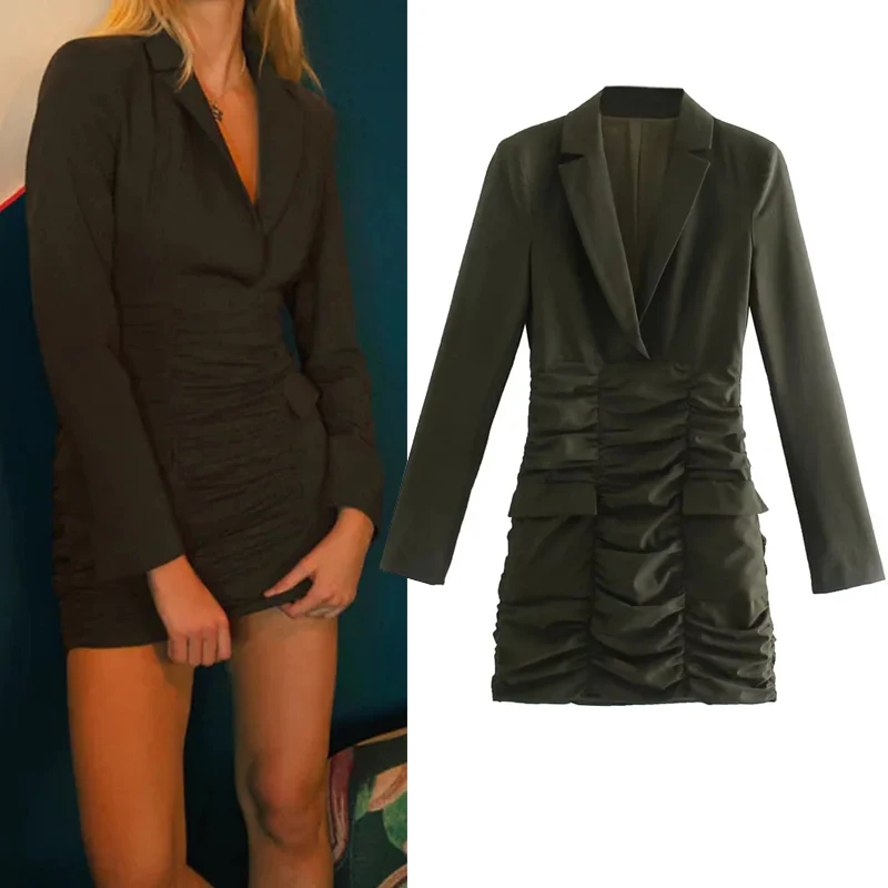 

Облегающее платье-блейзер TRAF 2021, женские осенние короткие платья с длинным рукавом и рюшами, женские элегантные платья