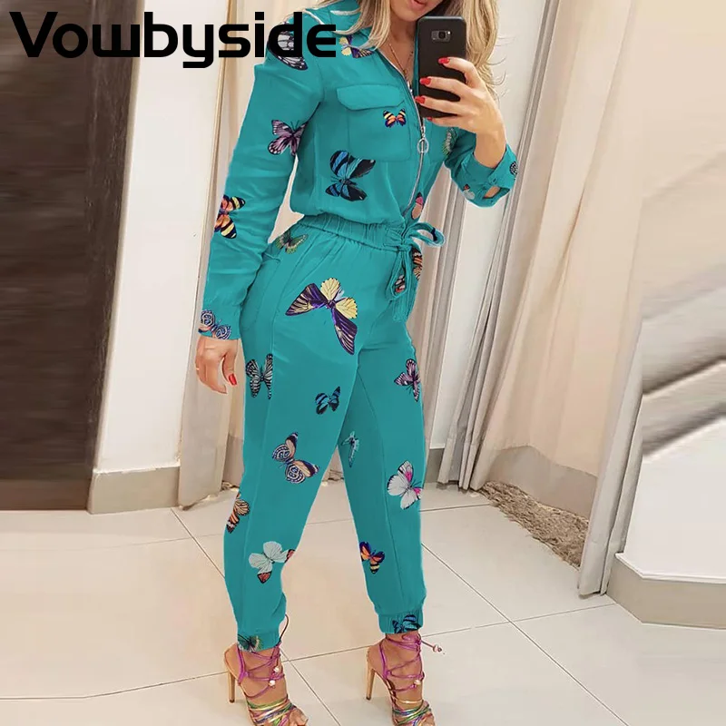 

Butterfly Print Zipper Pocket Design Rompers Women Jumpsuits