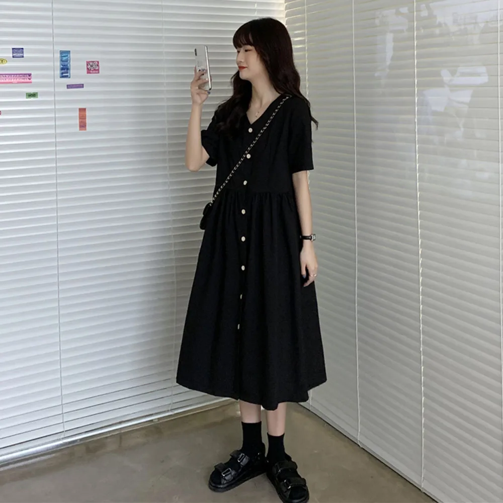 

Casual Style Korean Fashion Summer Dress Loose Casual Simple Solid Color Single-breasted Back Hollow V-neck Summer 2021