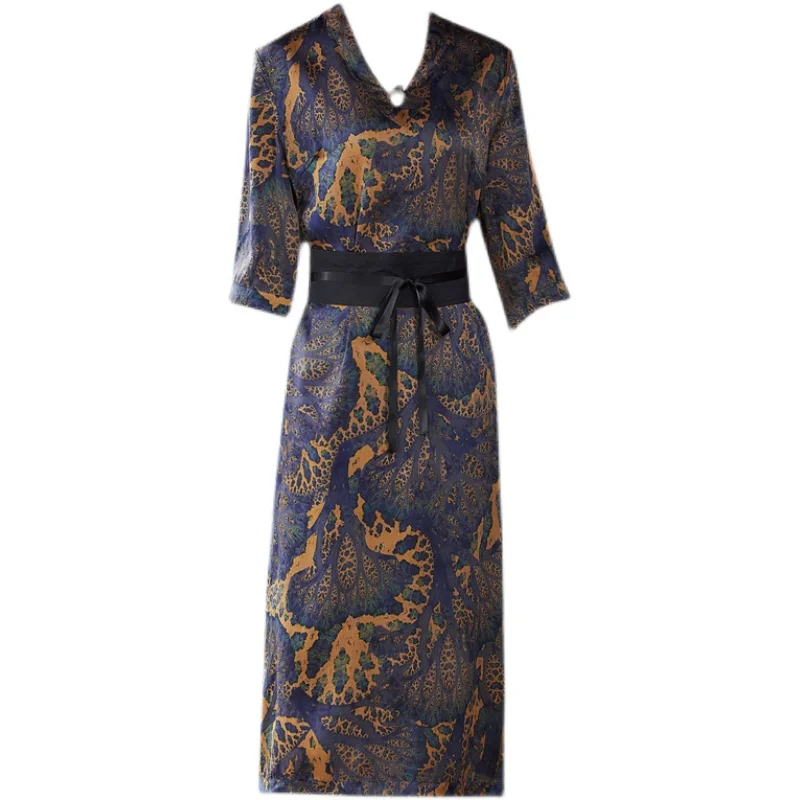 

Chikichi 2021 New Chinese StylenewSpring and Summer Dress for Women Party Vintage V-neck Loose Rayon Long Dress Plus Size