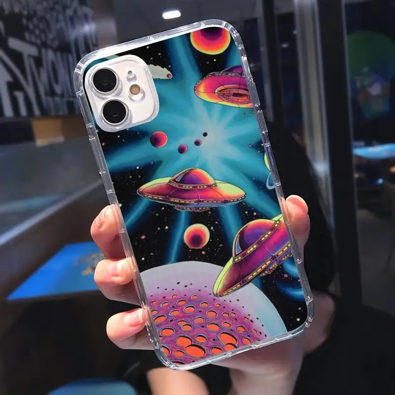 

Alien UFO Cartoon Art Phone Case Transparent soft For iphone 5 5s 5c se 6 6s 7 8 11 12 plus mini x xs xr pro max