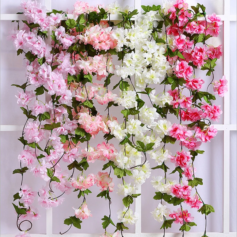 

230cm Artificial Cherry Blossoms Hanging Rattan Garland Wreath Fake Flower Plant Flower Vine Leaf For Home Party Home Decoration