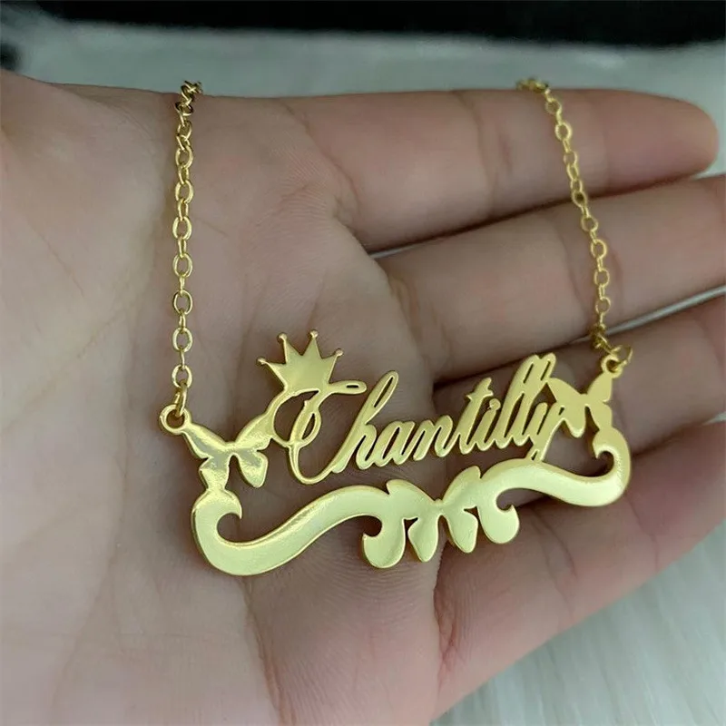

Заказное золотое ожерелье из нержавеющей стали с именной табличкой, ожерелье с именной короной, очаровательное колье с бабочкой, персонализированное ювелирное изделие для женщин