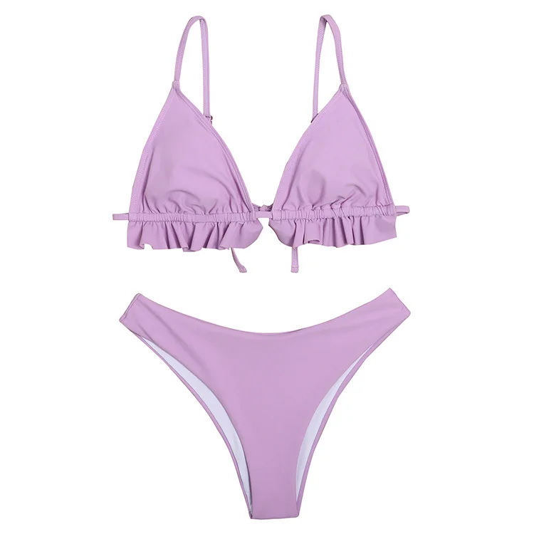 

Solid Color Ruffled Split Swimsuit Sexy Open Back Bikini