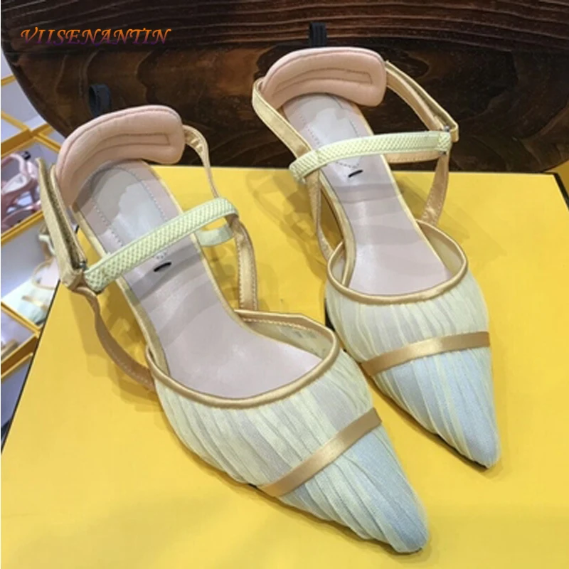

Summer New Style Mesh Satin Pointed Toe Sandals Stiletto Hollow Lady Temperament High-heeled Sandals Women