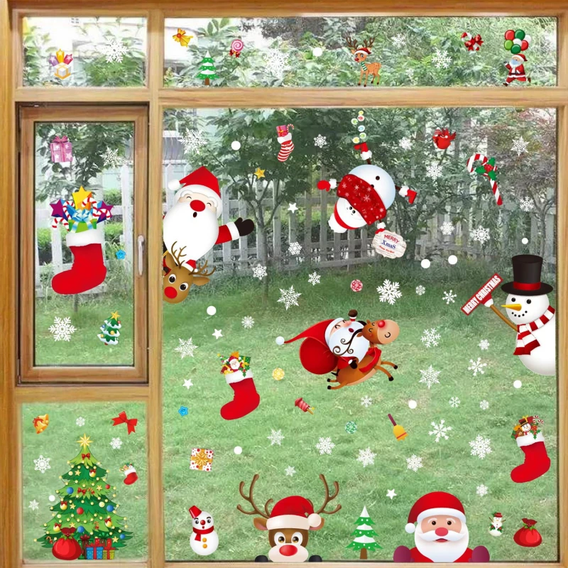 Милые Мультяшные рождественские наклейки на окна с изображением снеговика