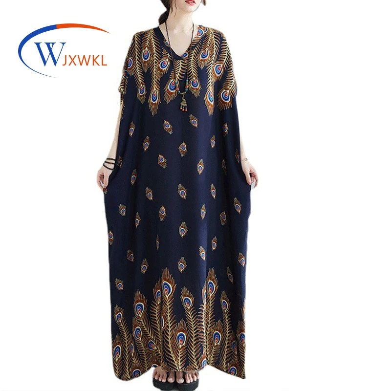 

WJXWKL 2021 Plus Size Kaftan Dubai Printed Dress Plus Size Women's Summer Dress Loose Retro Short Sleeve V-neck Long Robe