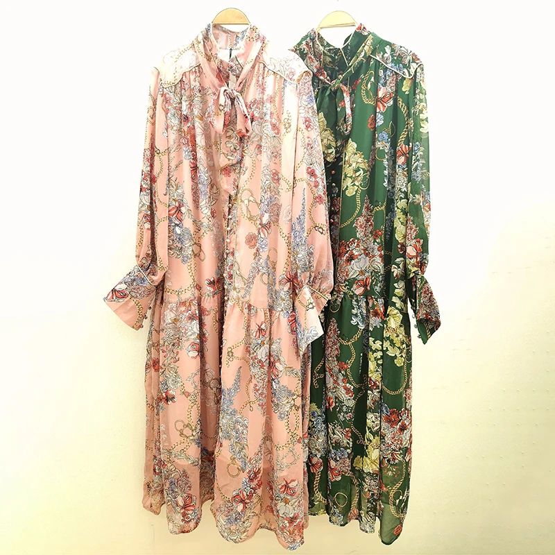 

CHICEVER Vintage Floral Print Summer Dress 2021 Stand Collar Long Sleeve Loose Colorblock Midi Dresses Women Clothing