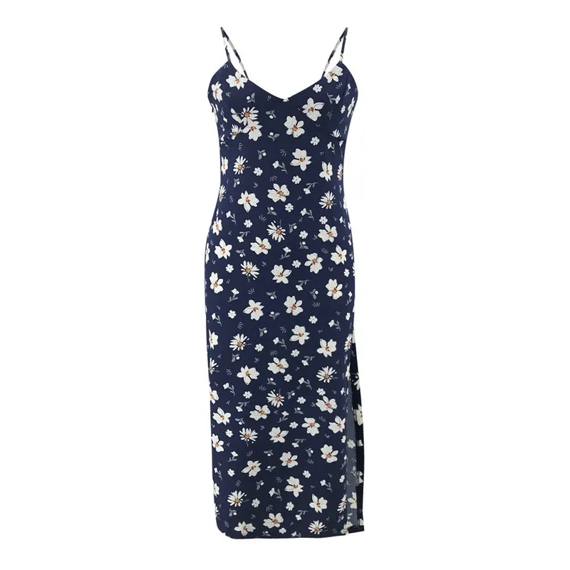 

NEW Women's Sexy Suspender Dress Sleeveless Flower Print V-neck Split Dress Elegant Vintage Long Maxi Dress Femme Robe