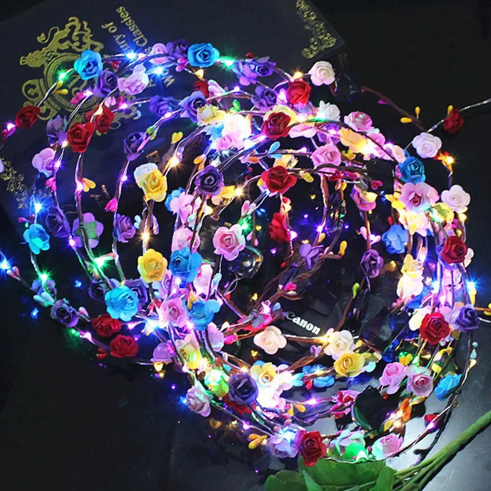 1pc Flower Crown Wreath Luminous 10-LED Hair Wreath Hairband Garland Crown Flower Headband Glowing Wreath For Party Christmas