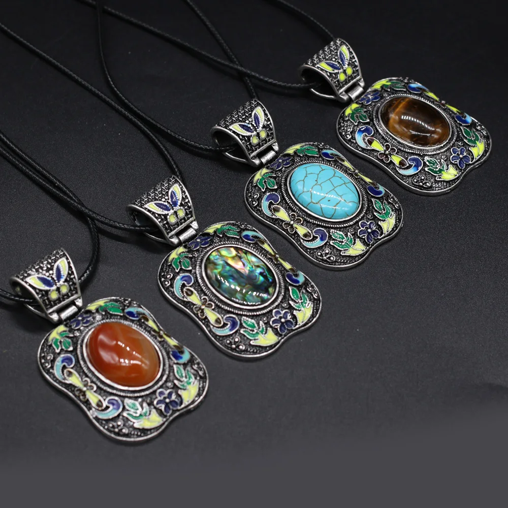 

Vintage Ethnic Bohemian Stone Pendant Necklace Pink Crystal Rose Quartz lapis lazuli Tiger Eye Opal Charms Chain Choker Jewelry