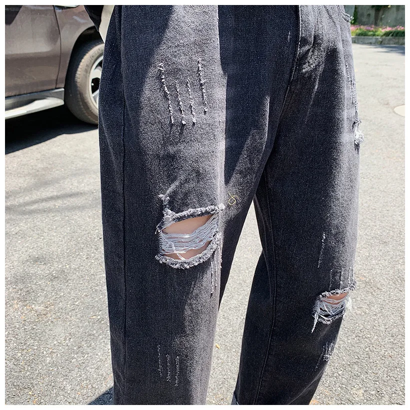 

2019 New Street Style Sports Mens Jeans Casual Streetwear Ripped Hole Frayed Cotton Straight Ankle Length Jeans Large Size