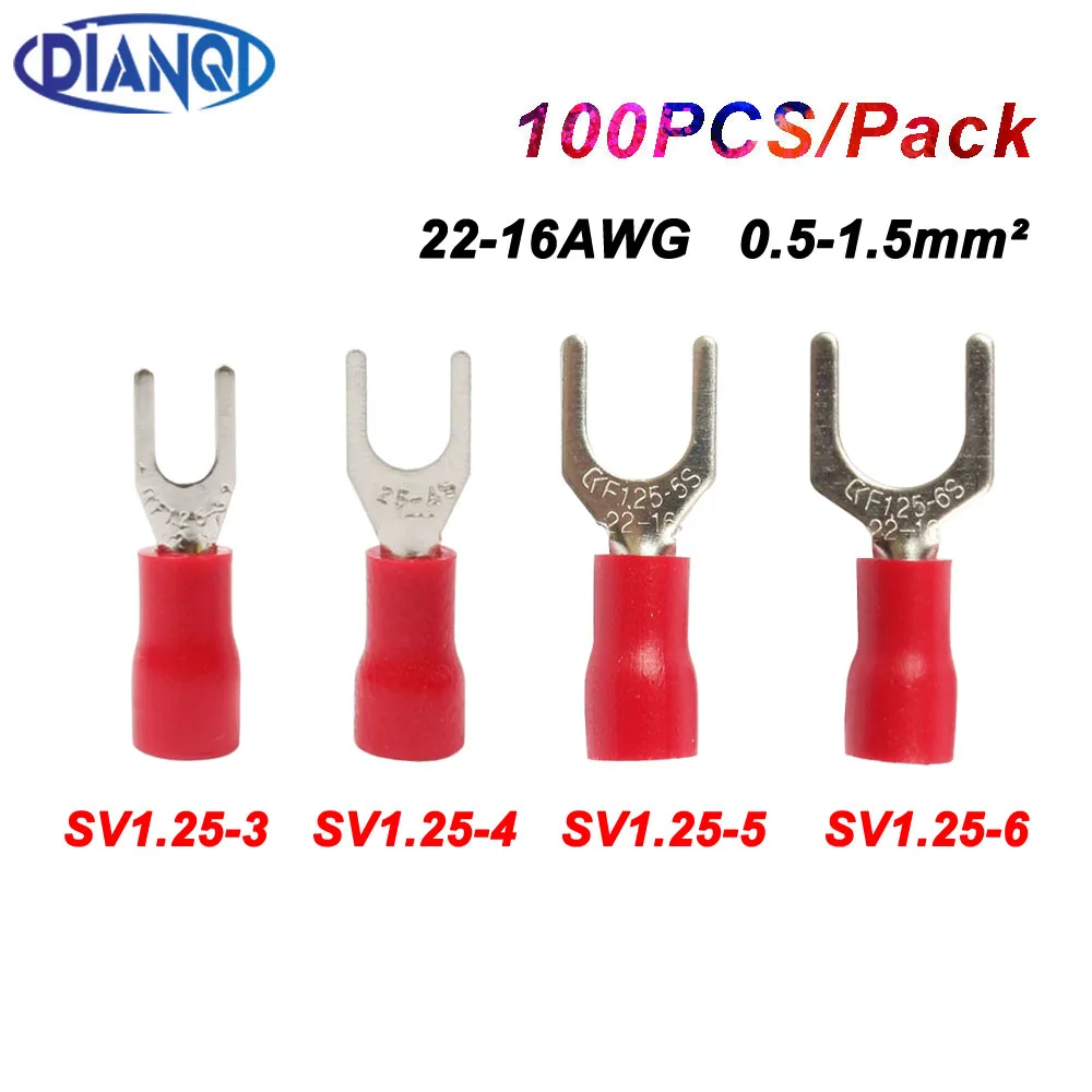 SV1.25-4 Красный Раздвоенный Вилка Лопата 22 ~ 16AWG Провода Обжима отжима терминалы Провода Соединительный Кабель 100 Шт./упак. SV1-4 SV