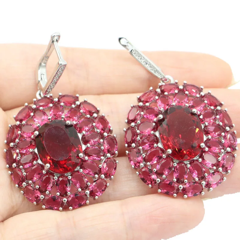 

Очаровательные большие тяжелые серьги SheCrown 58x31 мм 16,7 г Розовая Малина родолит гранат CZ женские свадебные серебряные серьги