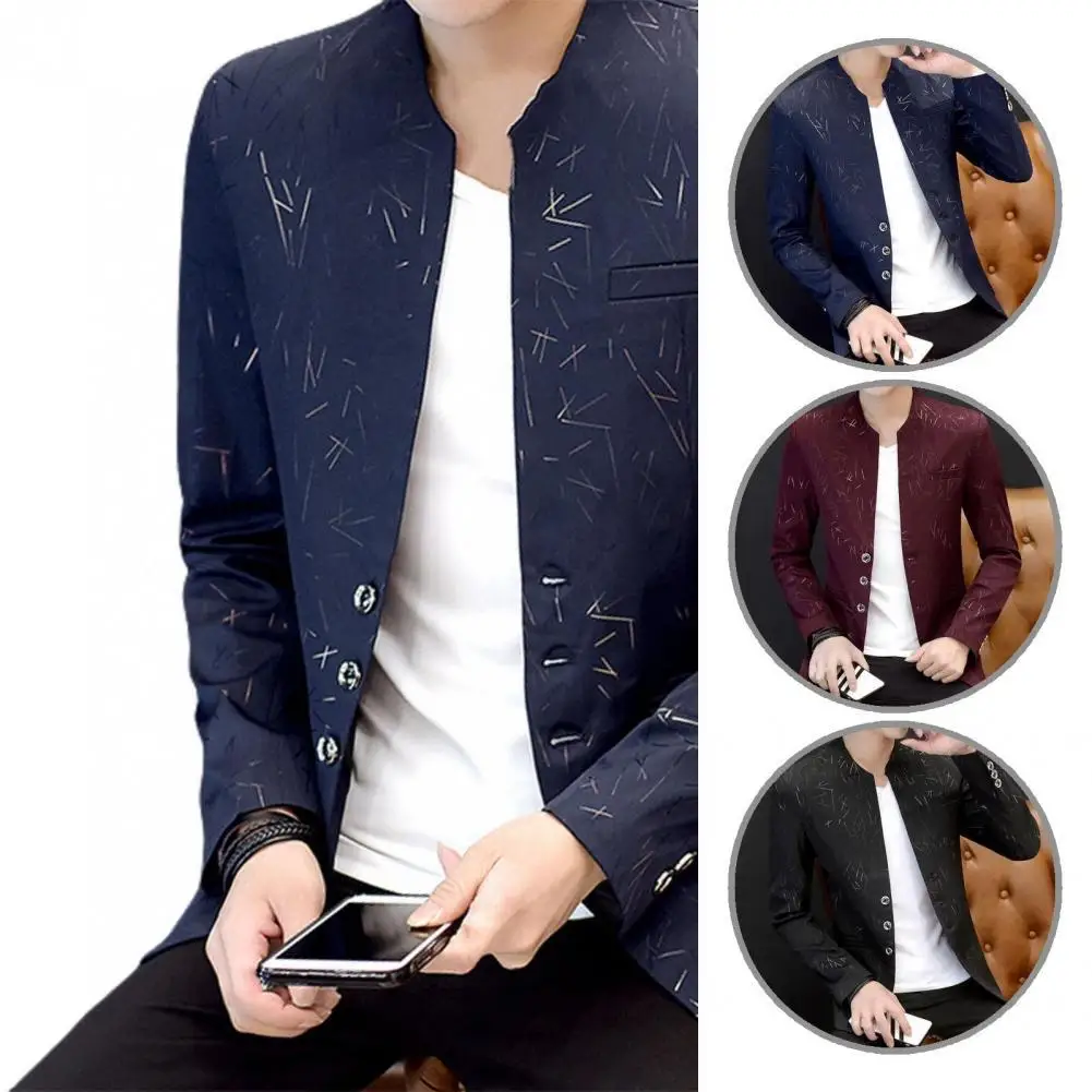 

Мужской повседневный блейзер с воротником-стойкой, накладными карманами и пуговицами, пальто, деловой блейзер с длинным рукавом для вечерн...