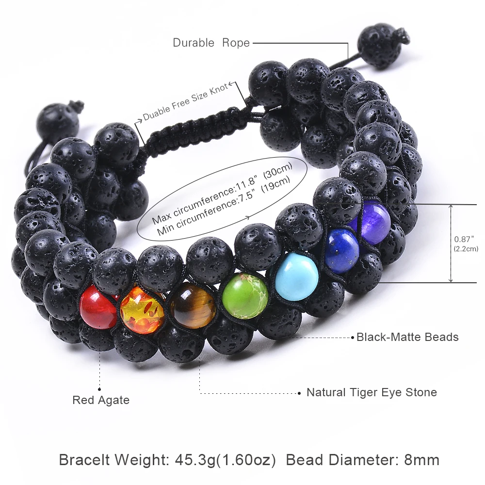 Браслет с чакрами 8 мм 3-слойный браслет из лавового камня регулируемый