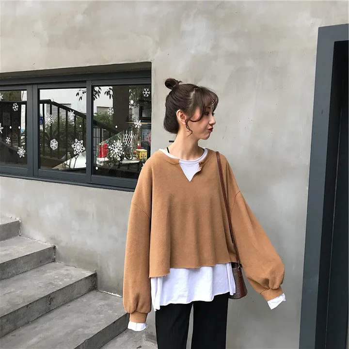 Harajuku корейские шикарные свитшоты в стиле пэчворк женские осенние уличные рукава летучая мышь поддельные два предмета толстовки студенческие свободные топы