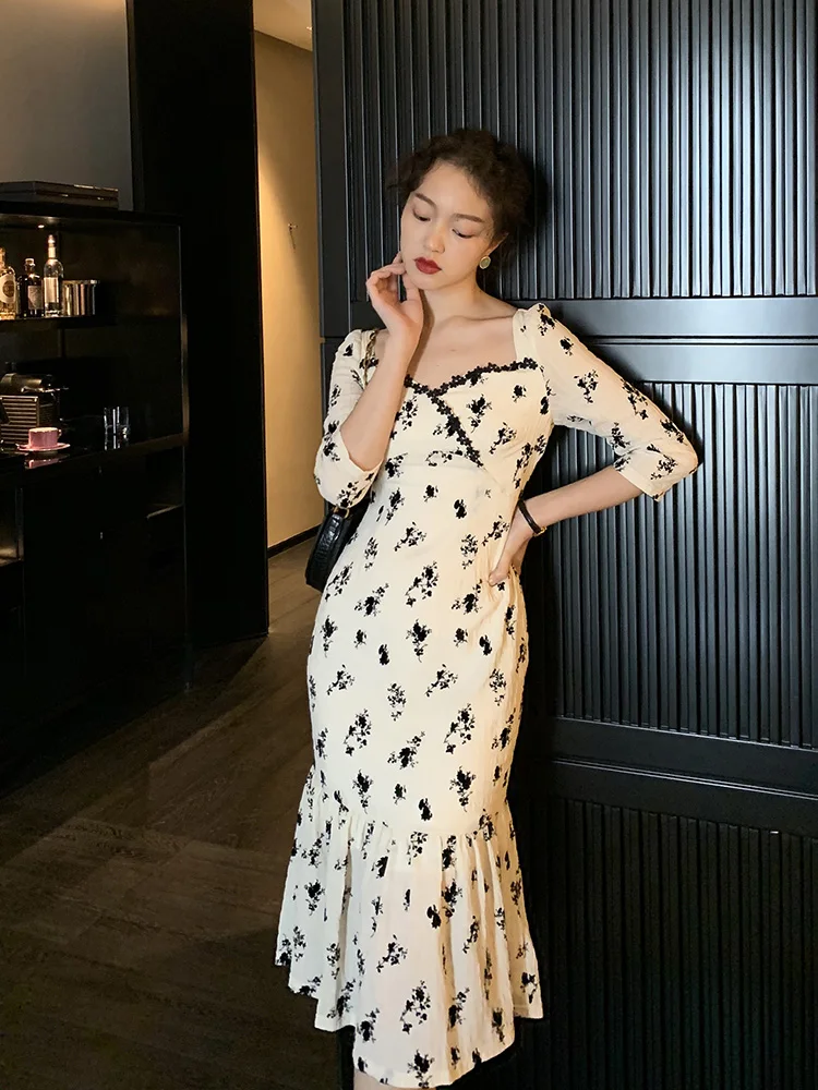 

Elegant Women Dress 2020 New Fashion French Style Autumn Lace Up Sleeve Party Tunic Midi Fishtail Dresses Female Vestidos
