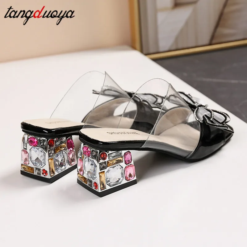 Шлепанцы женские на высоком квадратном каблуке сандалии-желе с бантом со