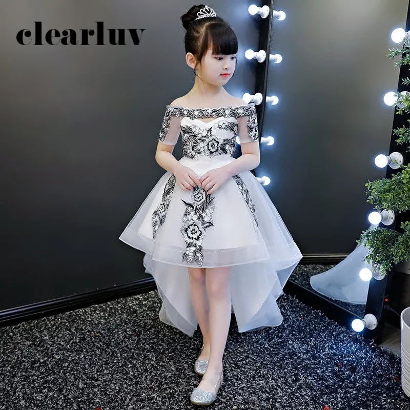 Тюлевые платья принцессы для девочек B066 белые с открытыми плечами и цветами
