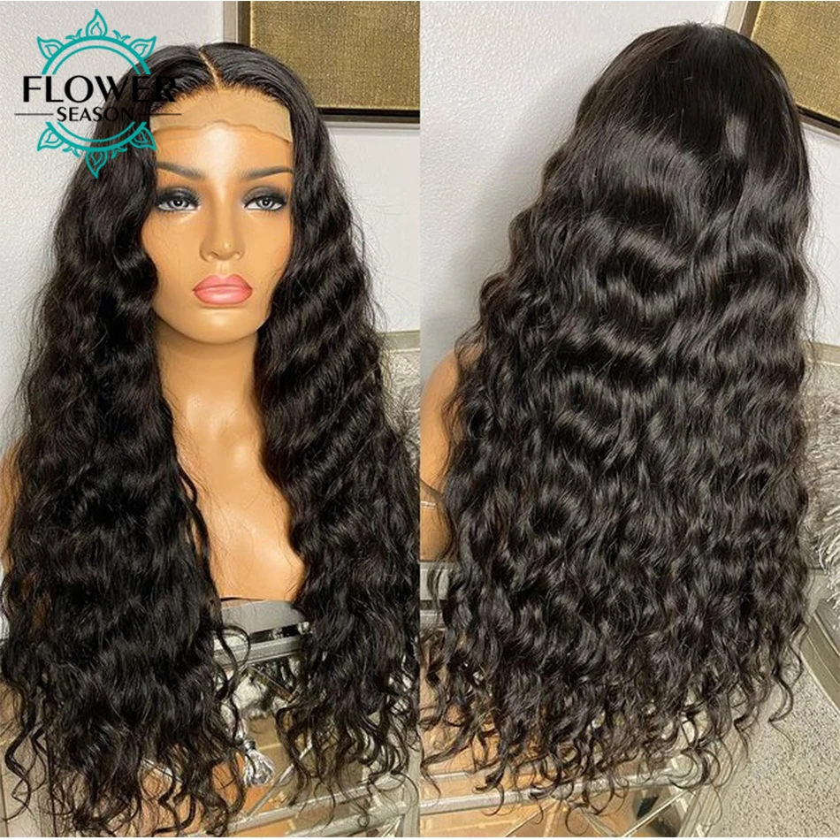 Water Wave Human Hair Wig 180Density 5x5 PU Scalp Top Lace Front Preplucked for Black Women wigs FlowerSeason | Шиньоны и парики