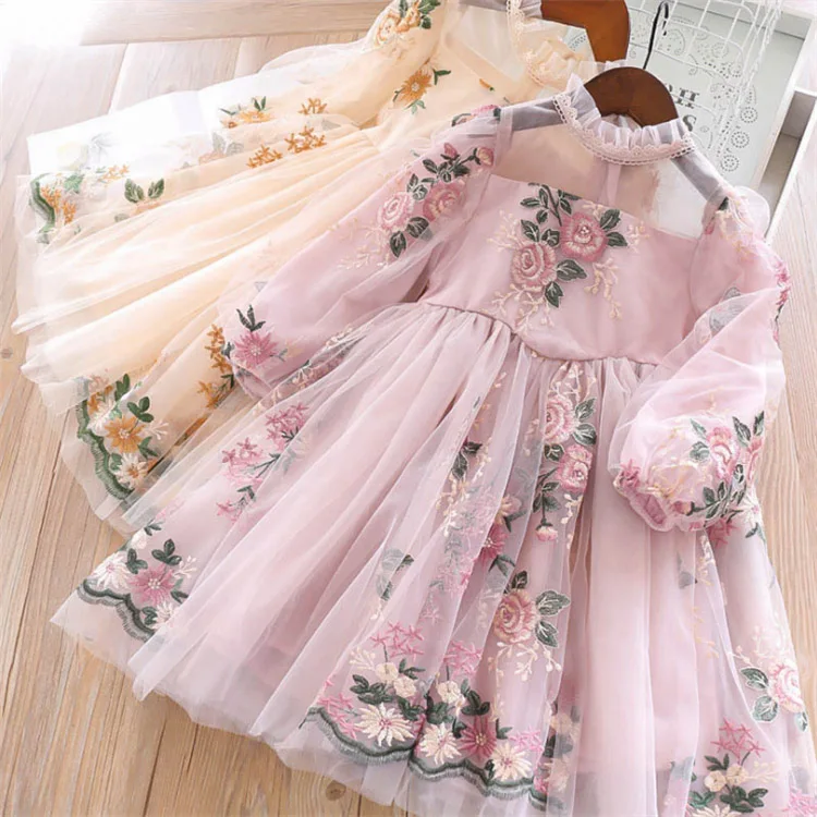 Girls Dress Winter Autumn Teenager Mesh Floral Dresses Kids Girl Princess Party Children Flower Chinese Style Embroidery Dress