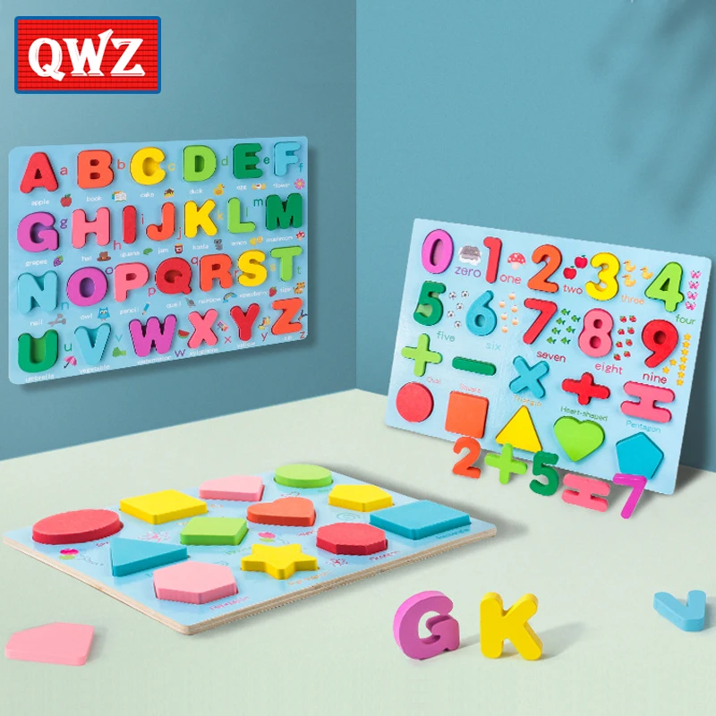 

Новые Деревянные 3D Пазлы QWZ, игрушки, цифры-алфавиты, Детские красочные буквы, цифровая Геометрическая развивающая игрушка Монтессори для д...